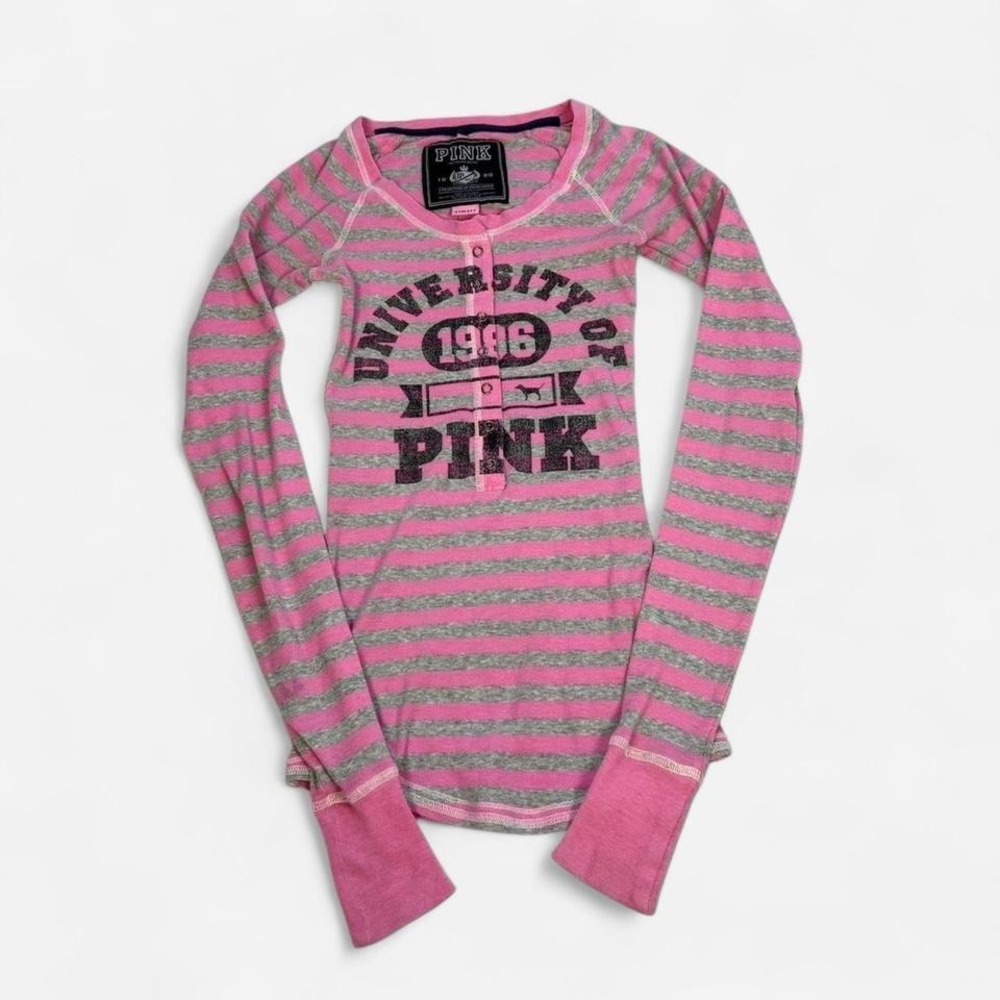 Vintage y2k Victoria's Secret Pink pink & grey striped long sleeve henley top